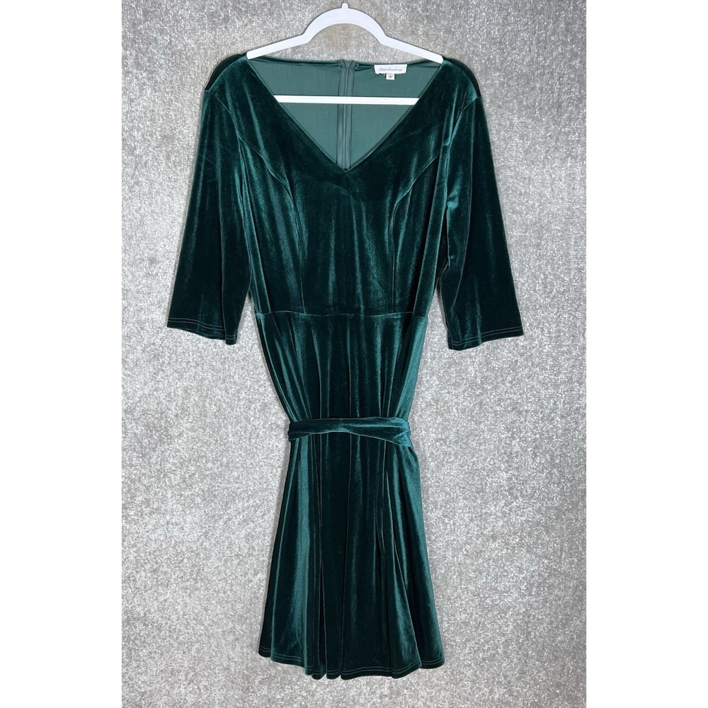 Green Velvet Whimsigoth Holiday Party Dress Womens Size XL Stretch Belt V-Neck